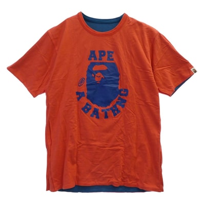 A BATHING APE アベイシングエイプ Tシャツ ダブルフェイス フェイスパッチ クルーネック 半袖 Tシャツ エンジ系【中古】