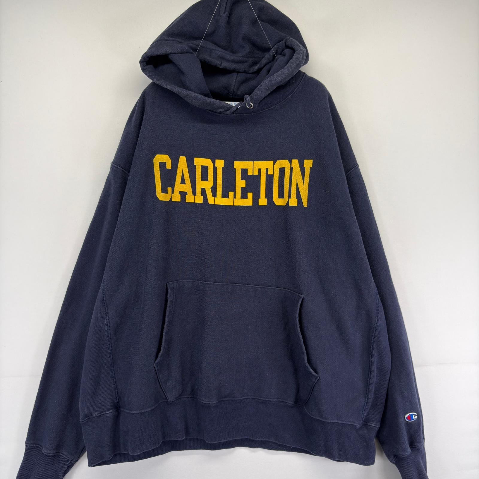 古着 チャンピオン Champion スウェット パーカー リバースウィーブ 大きいサイズ プルオーバー ワンポイント 2XL  ネイビー系 メンズ