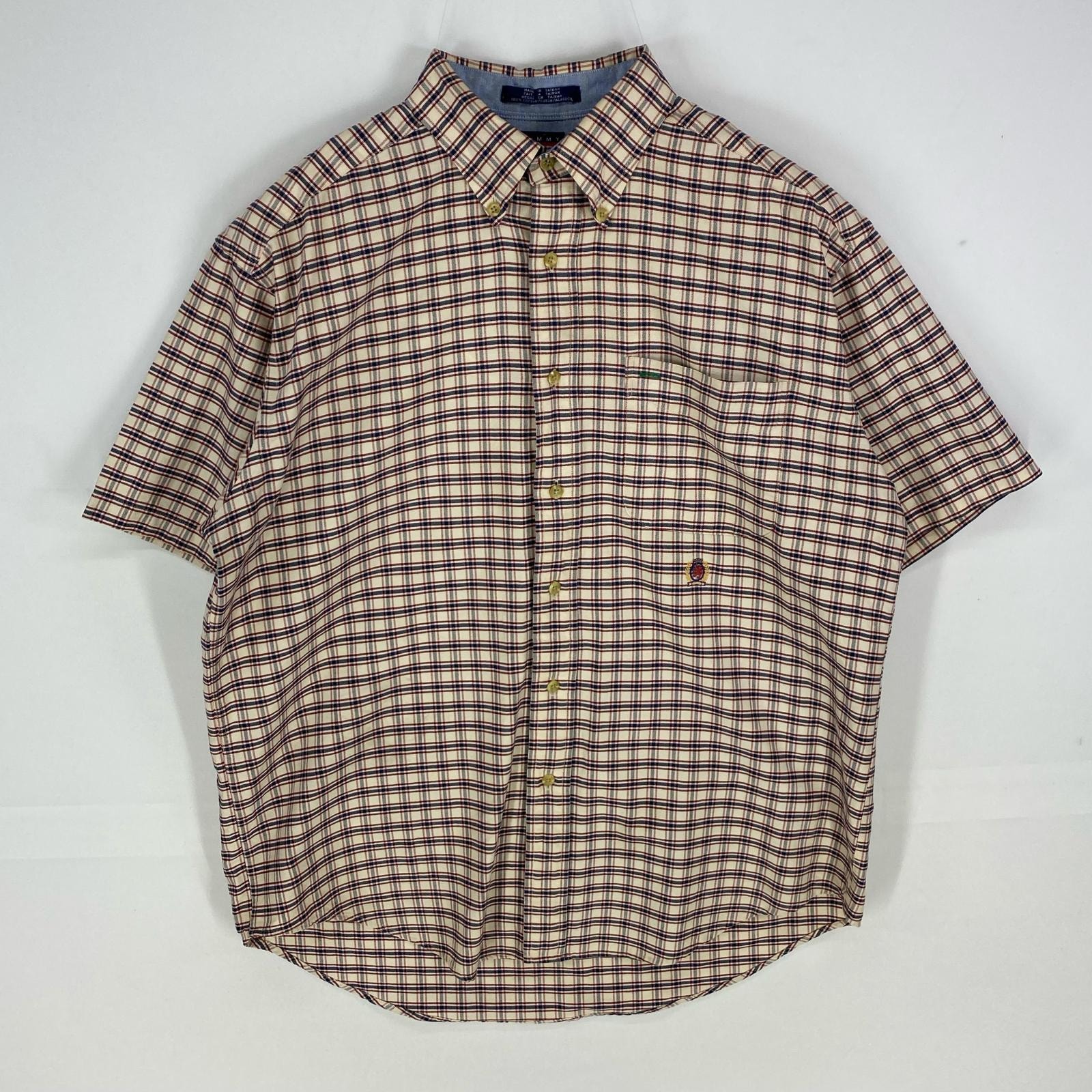 古着 トミーヒルフィガー TOMMY HILFIGER 半袖シャツ ボタンダウン 胸ポケット ショートスリーブ M  ベージュ系 チェック メンズ