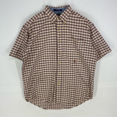 古着 トミーヒルフィガー TOMMY HILFIGER 半袖シャツ ボタンダウン 胸ポケット ショートスリーブ M ベージュ系 チェック メンズ
