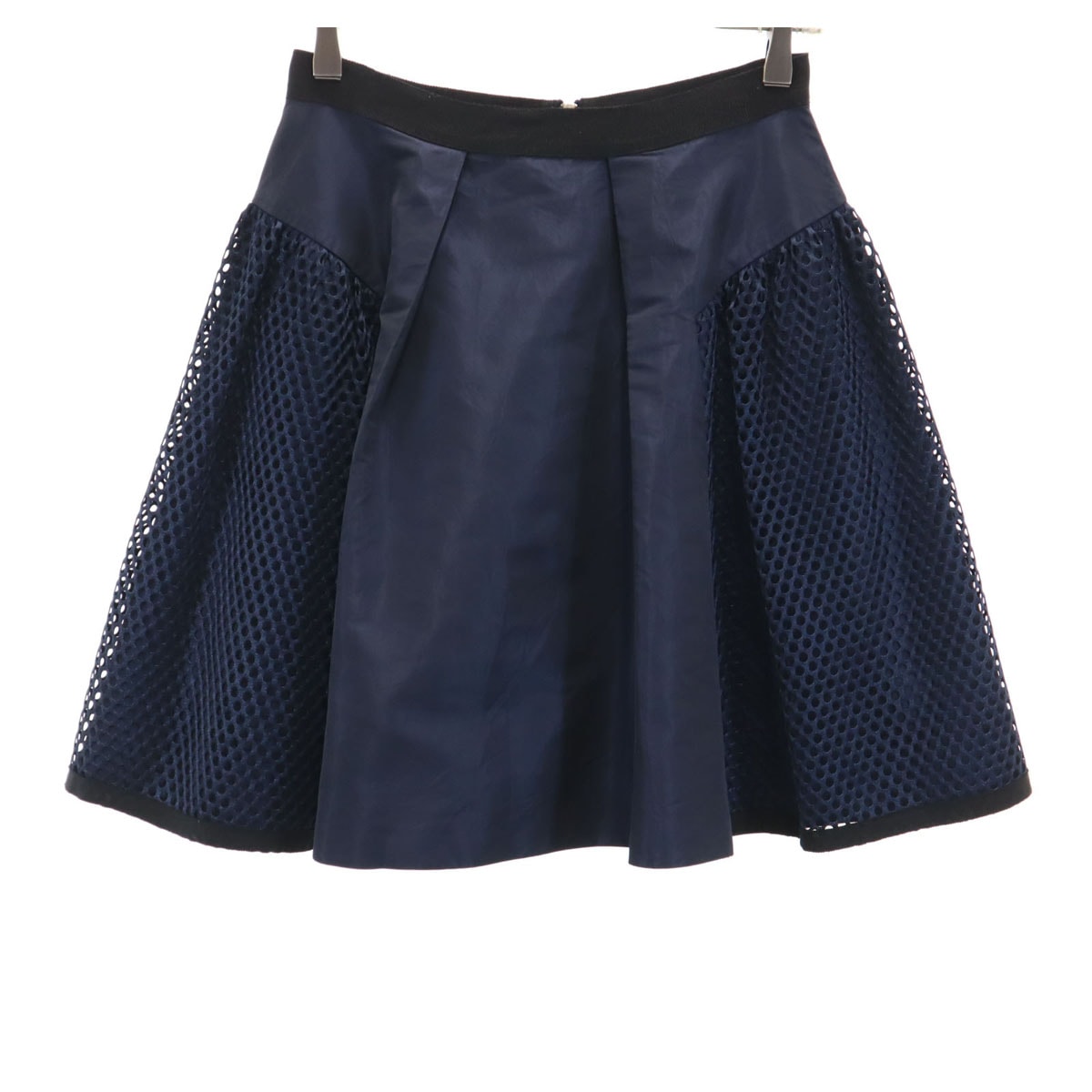 LANVIN en Bleu ランバンオンブルー 日本製 ミディ丈 メッシュ切替 フレアスカート 38 ネイビー