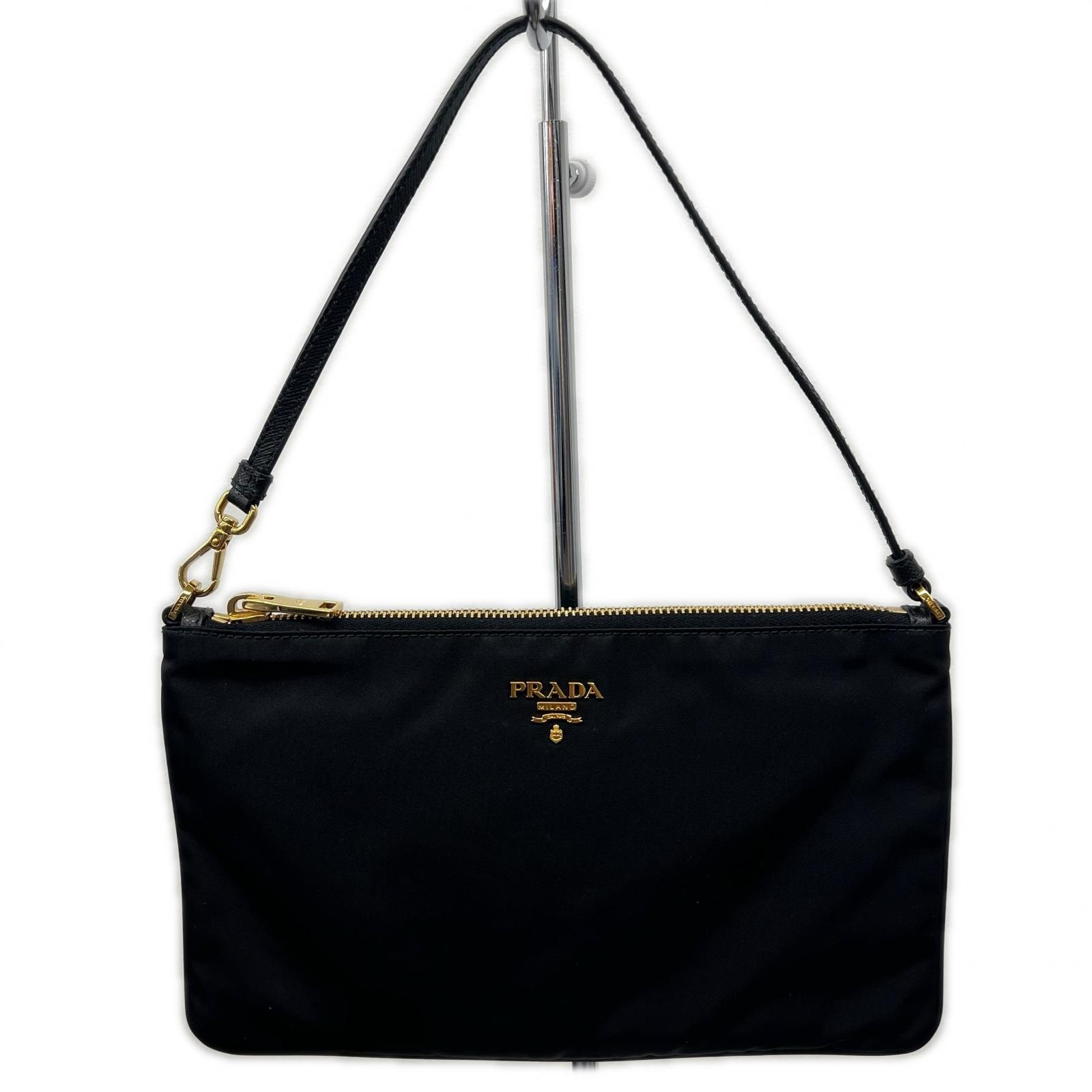 PRADA 極美品 プラダ テスートナイロン サフィアーノレザー アクセサリーポーチ ハンドバッグ ショルダーバッグ  1NH545 ナイロン レザー ブラック トライアングルロゴ ポシェット ミニ Aランク 鑑定済 中古