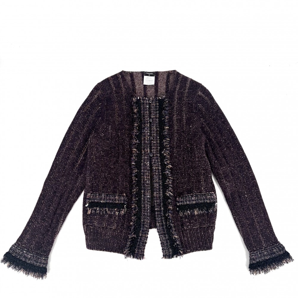 CHANEL シャネル ノーカラージャケット ツイード ニットジャケット アウター ヴィンテージ アパレル 服 ラインストーン ココボタン ラメ 42 パープル系 カシミヤ  ナイロン  ウール  ポリエステル レディース 秋 冬 美品 2005年【中古品】
