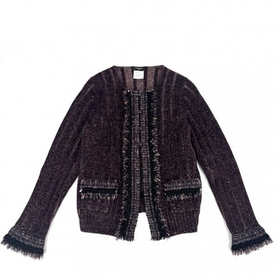 CHANEL シャネル ノーカラージャケット ツイード ニットジャケット アウター ヴィンテージ アパレル 服 ラインストーン ココボタン ラメ 42 パープル系 カシミヤ ナイロン ウール ポリエステル レディース 秋 冬 美品 2005年【中古品】