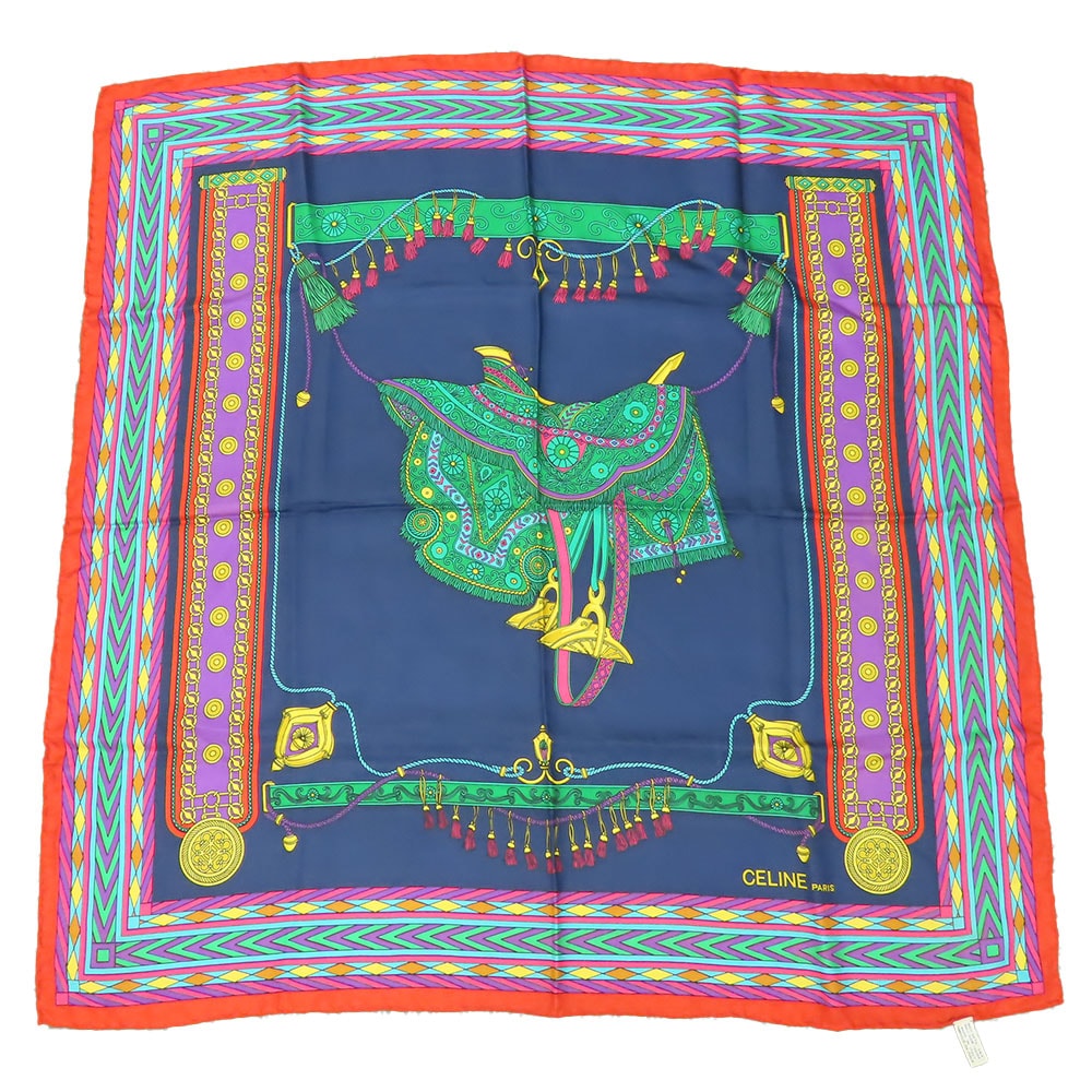 【中古】 セリーヌ スカーフ シルク ネイビー グリーン マルチカラー 大判 アクセサリー おしゃれ レディース 女性 CELINE