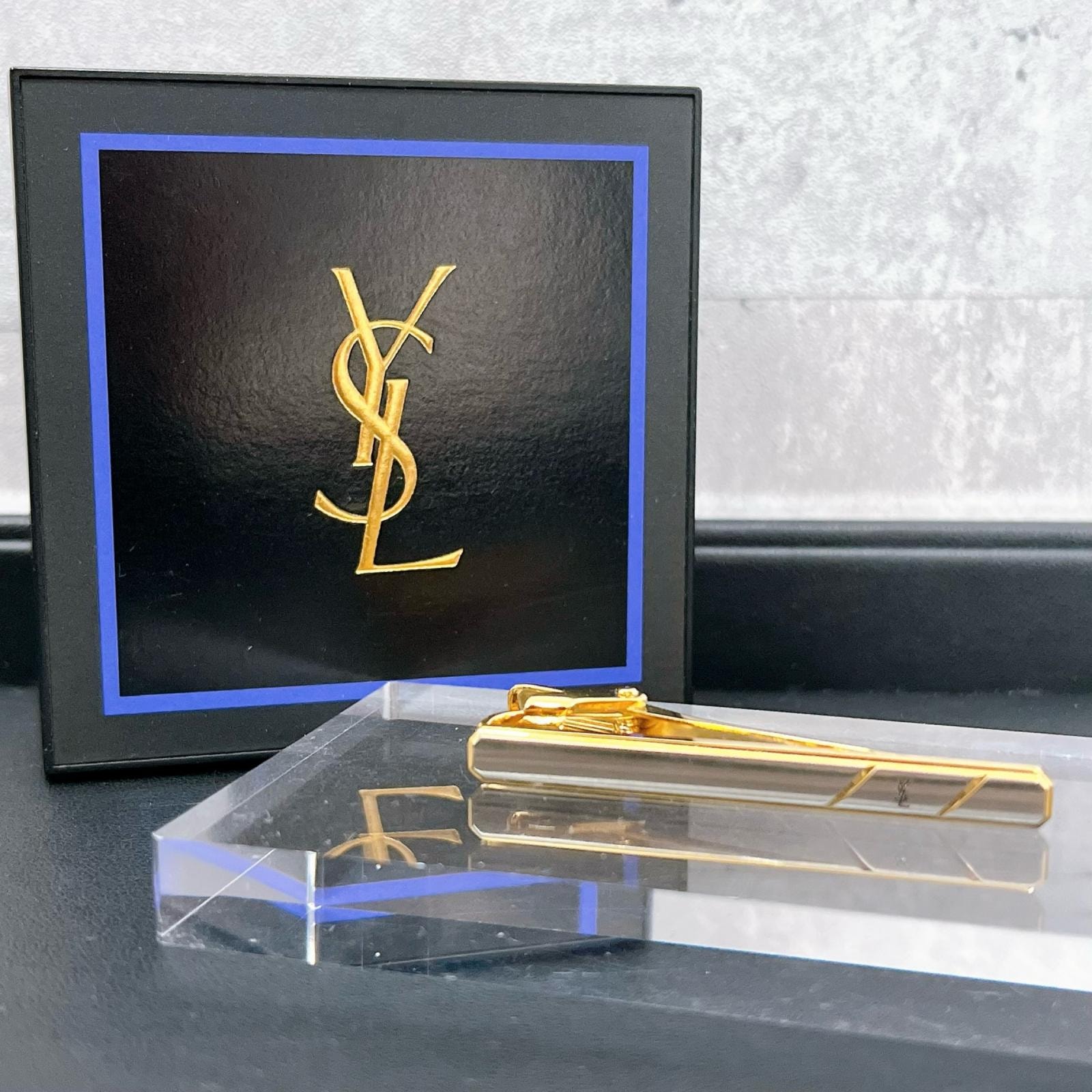 【YVES SAINT LAURENT】イヴサンローラン タイピン 箱付き ネクタイピン タイバー 斜めライン 直線 長方形 バイカラー シルバー ゴールド