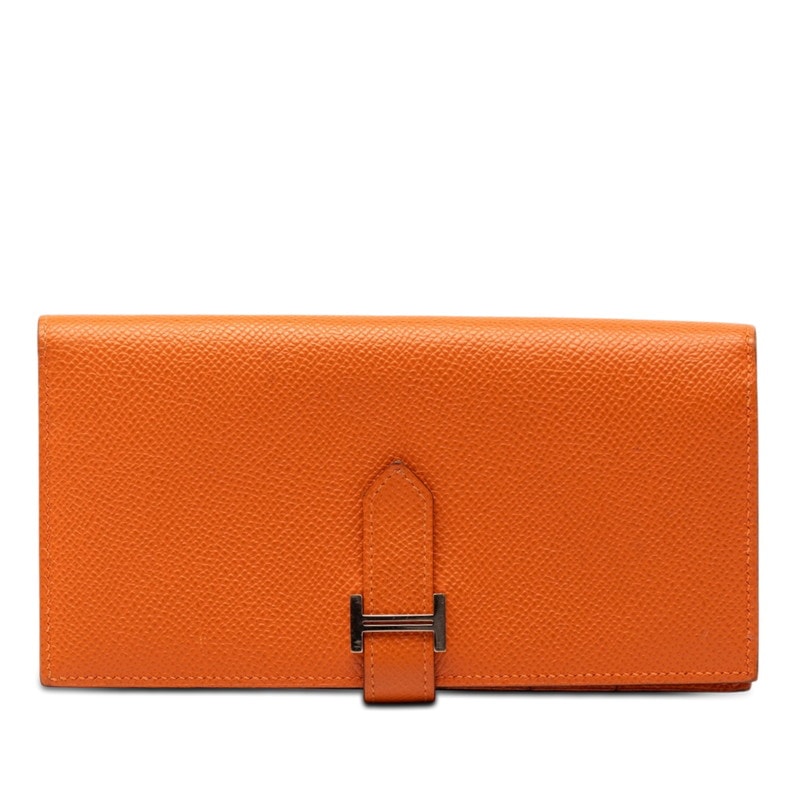 エルメス ベアン スフレ 長財布 □Q 2013 オレンジ ヴォーエプソン レディース HERMES 【中古】