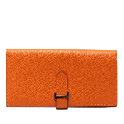 エルメス ベアン スフレ 長財布 □Q 2013 オレンジ ヴォーエプソン レディース HERMES 【中古】