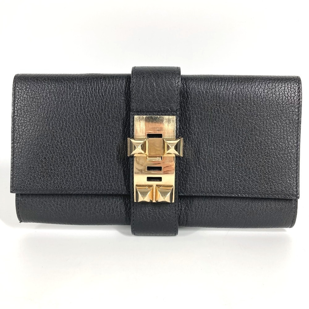 エルメス HERMES ポシェットメドール ロゴ ポーチ セカンドバッグ カバン クラッチバッグ レザー A刻 ブラック