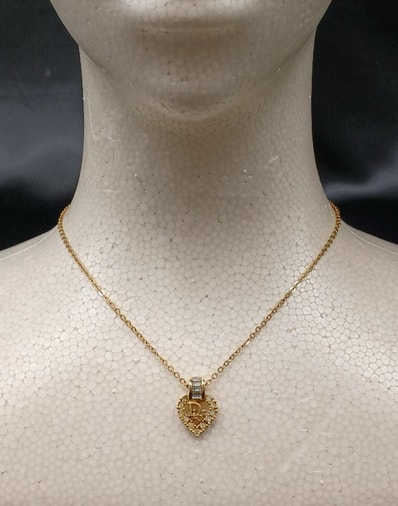 Dior Rhinestone Heart Logo Plate Necklace "Gold"