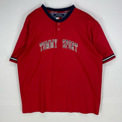 古着 トミーヒルフィガー TOMMY HILFIGER 半袖シャツ ゲームシャツ カレッジ刺繍 ヘンリーネック 2XL レッド系 メンズ