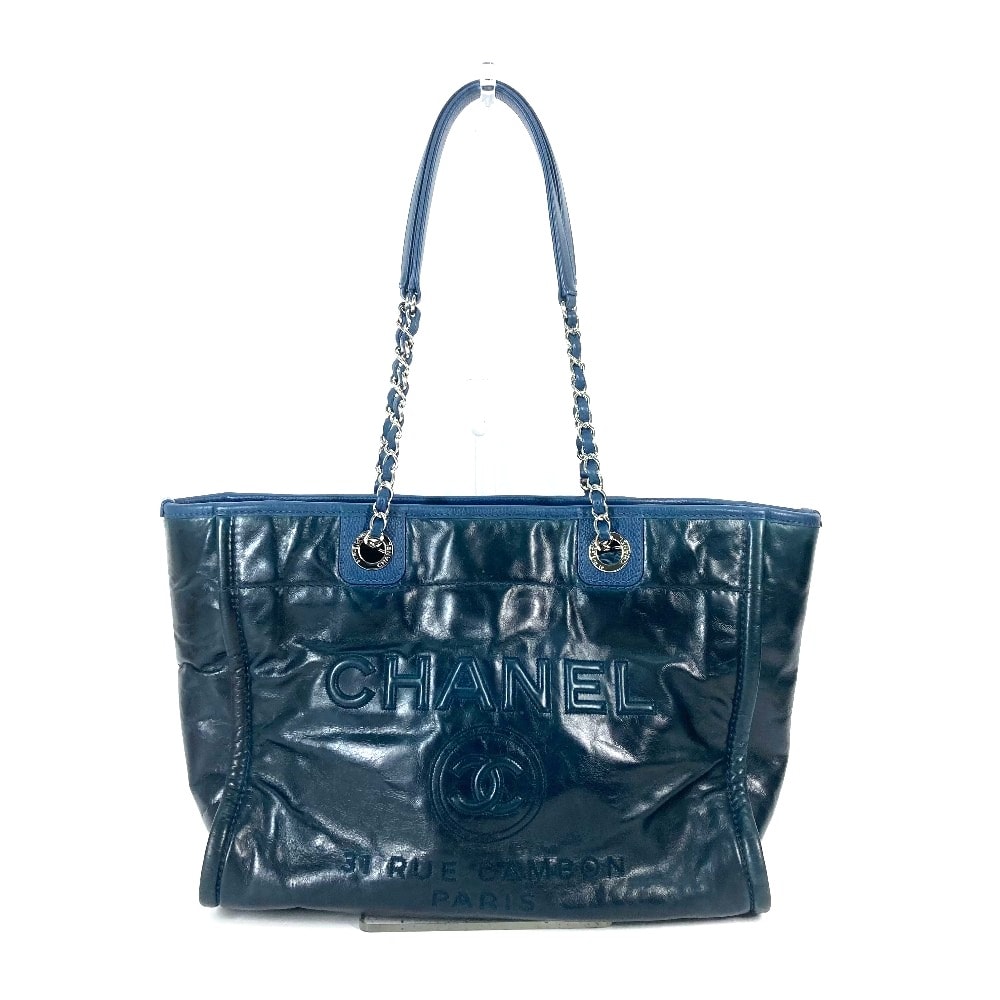 シャネル CHANEL ドーヴィルMM ロゴ トートバッグ 肩掛け カバン チェーン ショルダーバッグ レザー ネイビー