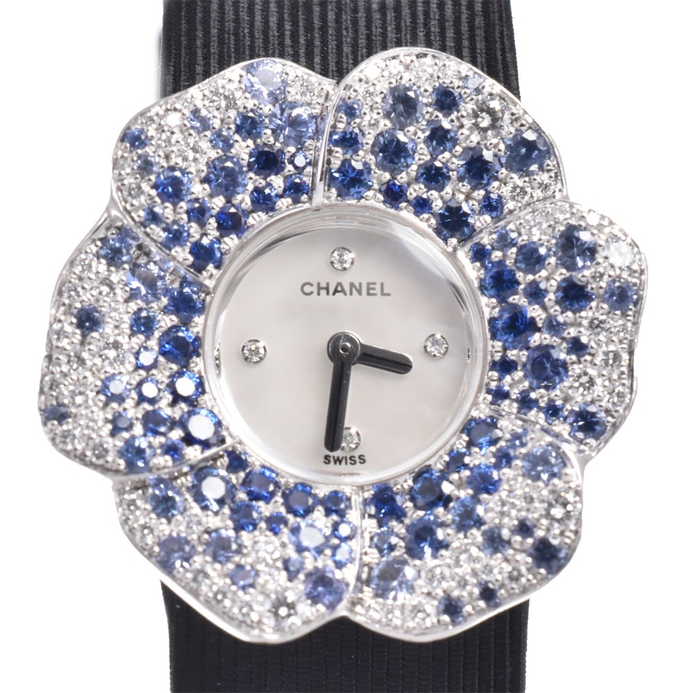 シャネル CHANEL H1186 カメリア ダイヤモンド/サファイアベゼル ホワイトシェル クォーツ レディース 美品 腕時計 J#150406