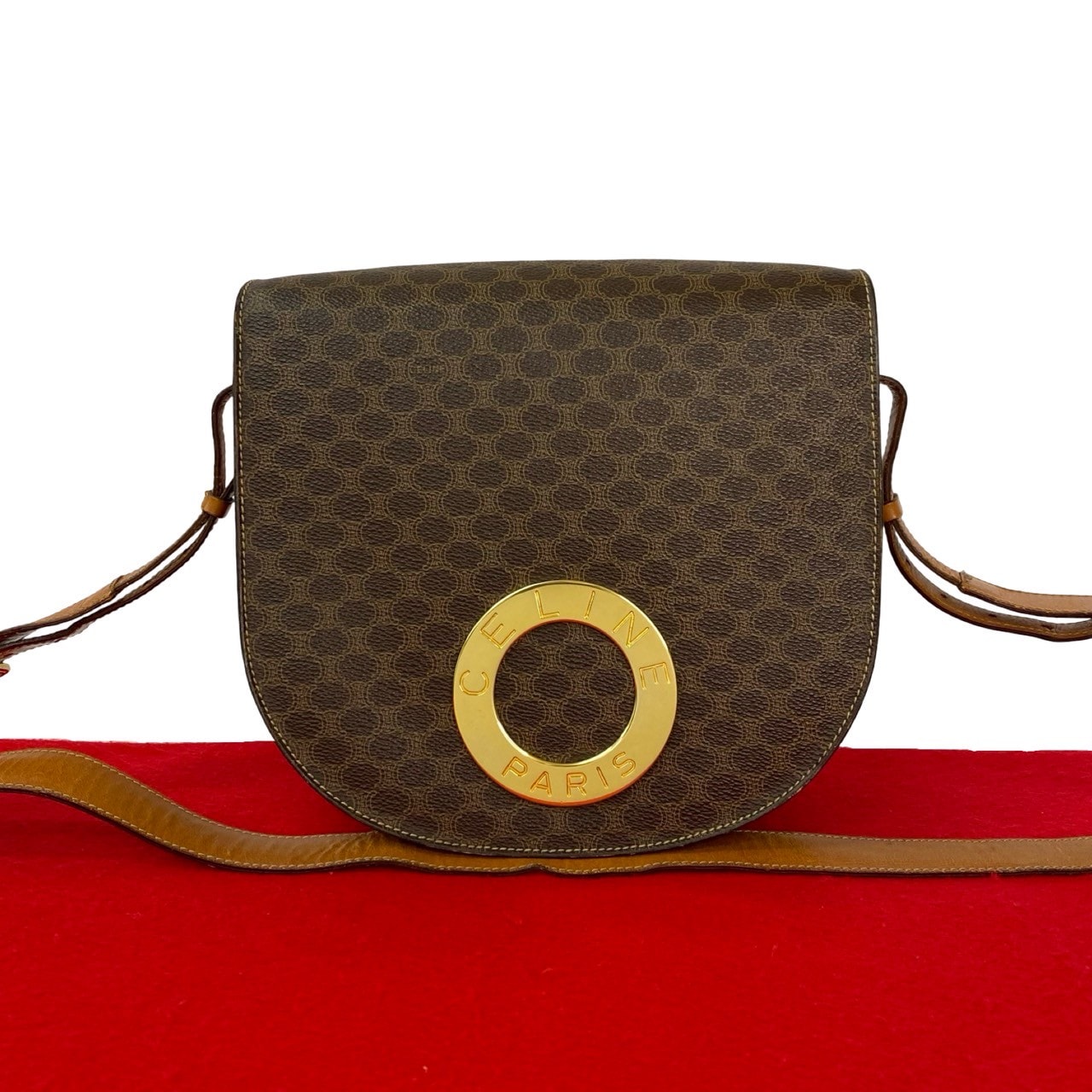 CELINE セリーヌ マカダム 柄 サークル ロゴ 金具 レザー PVC ショルダーバッグ ブラウン
 74662