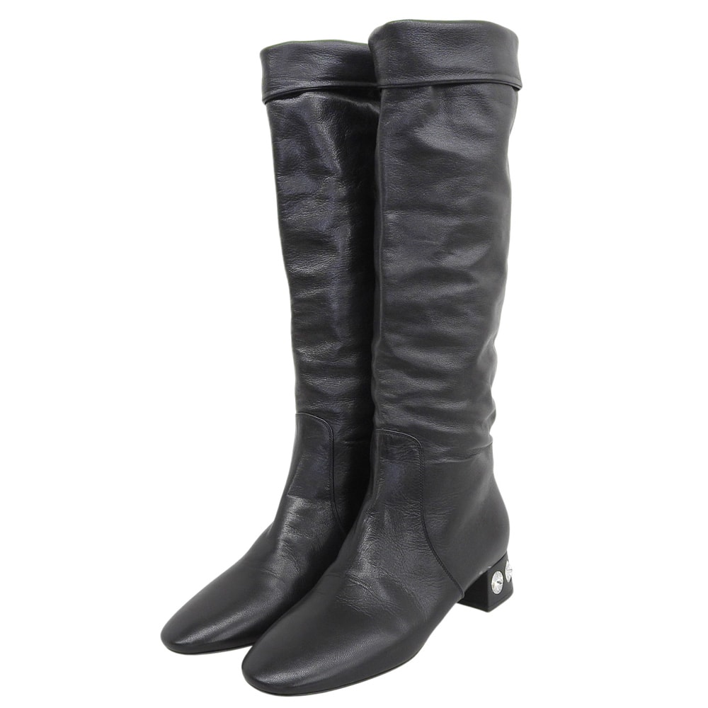 ミュウミュウ 未使用 オールレザー ラインストーン クリスタルビジュー ロングブーツ シューズ レディース ブラック 40 5W653C 40