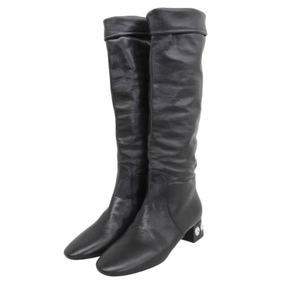 ミュウミュウ 未使用 オールレザー ラインストーン クリスタルビジュー ロングブーツ シューズ レディース ブラック 40 5W653C 40