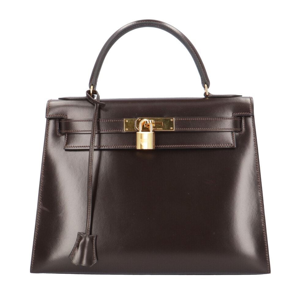 エルメス ケリー28 外縫い ハンドバッグ ボックスカーフ ブラウン レディース HERMES  中古