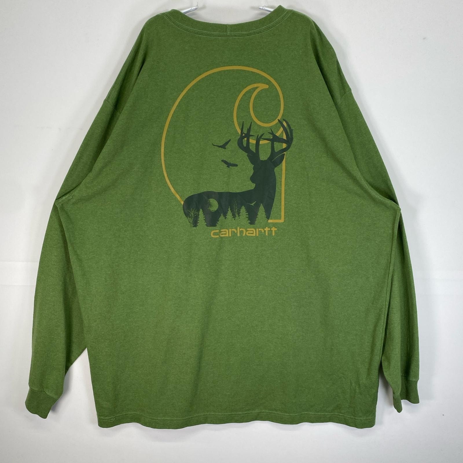 古着 カーハート Carhartt 長袖Tシャツ クルーネック シカ 肉厚 大きいサイズ 2XL  グリーン系 バックプリント メンズ