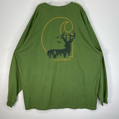 古着 カーハート Carhartt 長袖Tシャツ クルーネック シカ 肉厚 大きいサイズ 2XL グリーン系 バックプリント メンズ