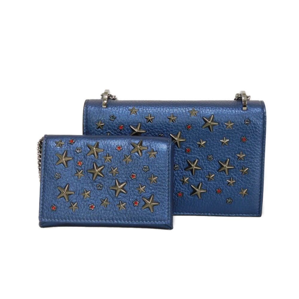 JIMMY CHOO ジミーチュウ フロリア チェーン クロスボディ バッグ ノビア キーリング コインケース カードケース セット売り 美品 スタースタッズ クリスタル カラーストーン ラインストーン メタリックブルー ショルダーバッグ