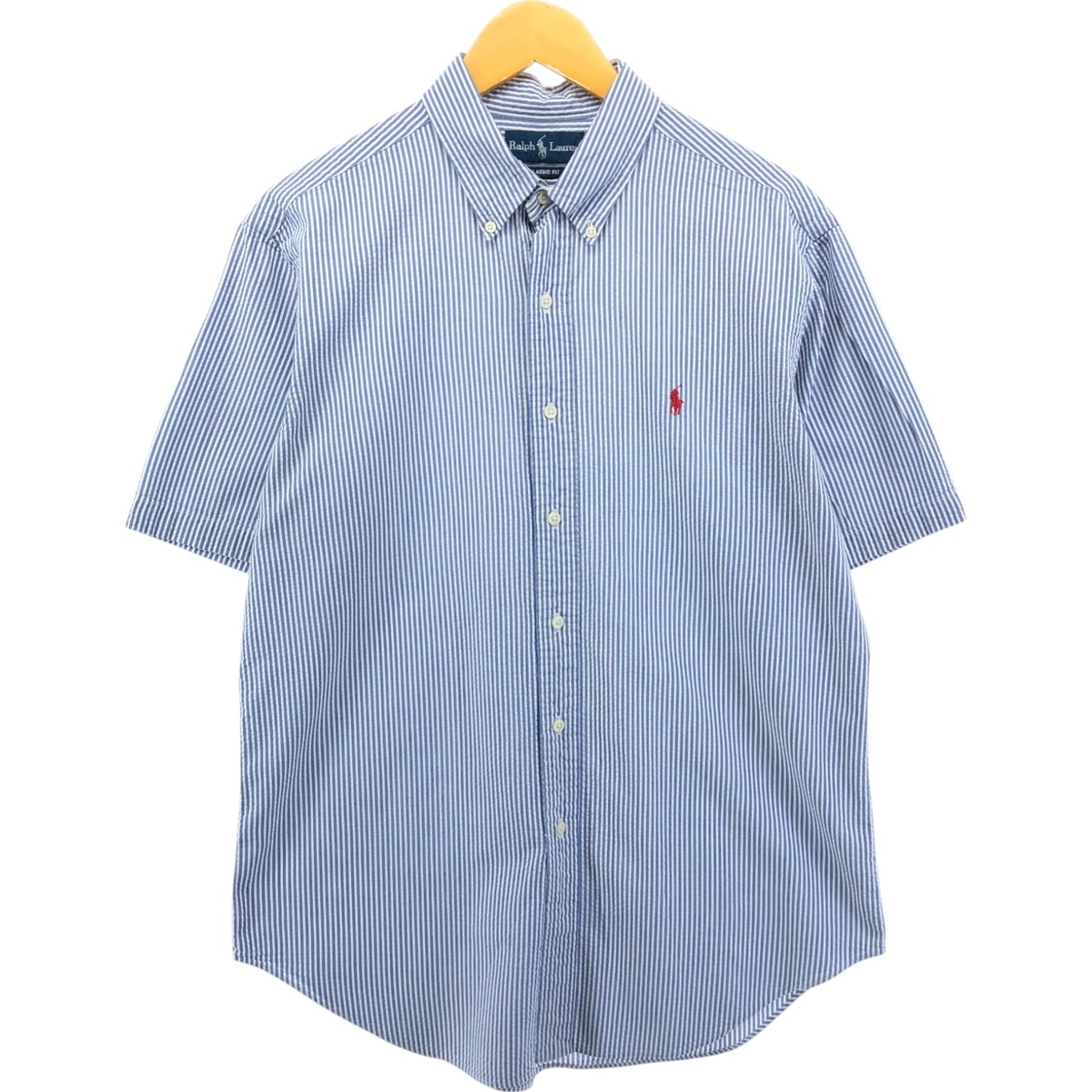 古着 ラルフローレン Ralph Lauren CLASSIC FIT シアサッカー 半袖 ボタンダウン ストライプシャツ メンズL相当/eaa552719