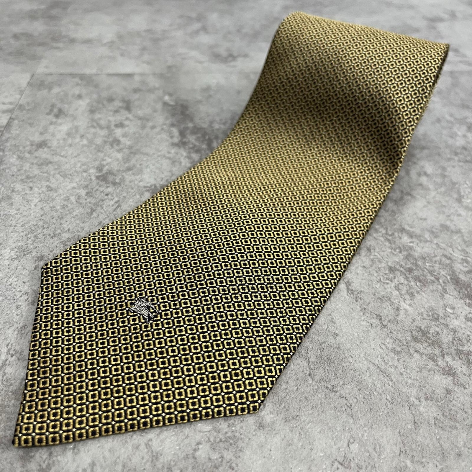 【BURBERRY】バーバリー 騎士ロゴ ホースロゴ 幾何学柄 小紋柄 ネクタイ ゴールド ブラック シルク100% 日本製 メンズ フォーマル 紳士