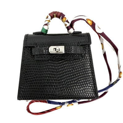 HERMES エルメス キーホルダー ケリーツイリー バッグチャーム Z刻印 リザード ブラック 黒 シルバー金具 レディース 美品 2021年【中古品】