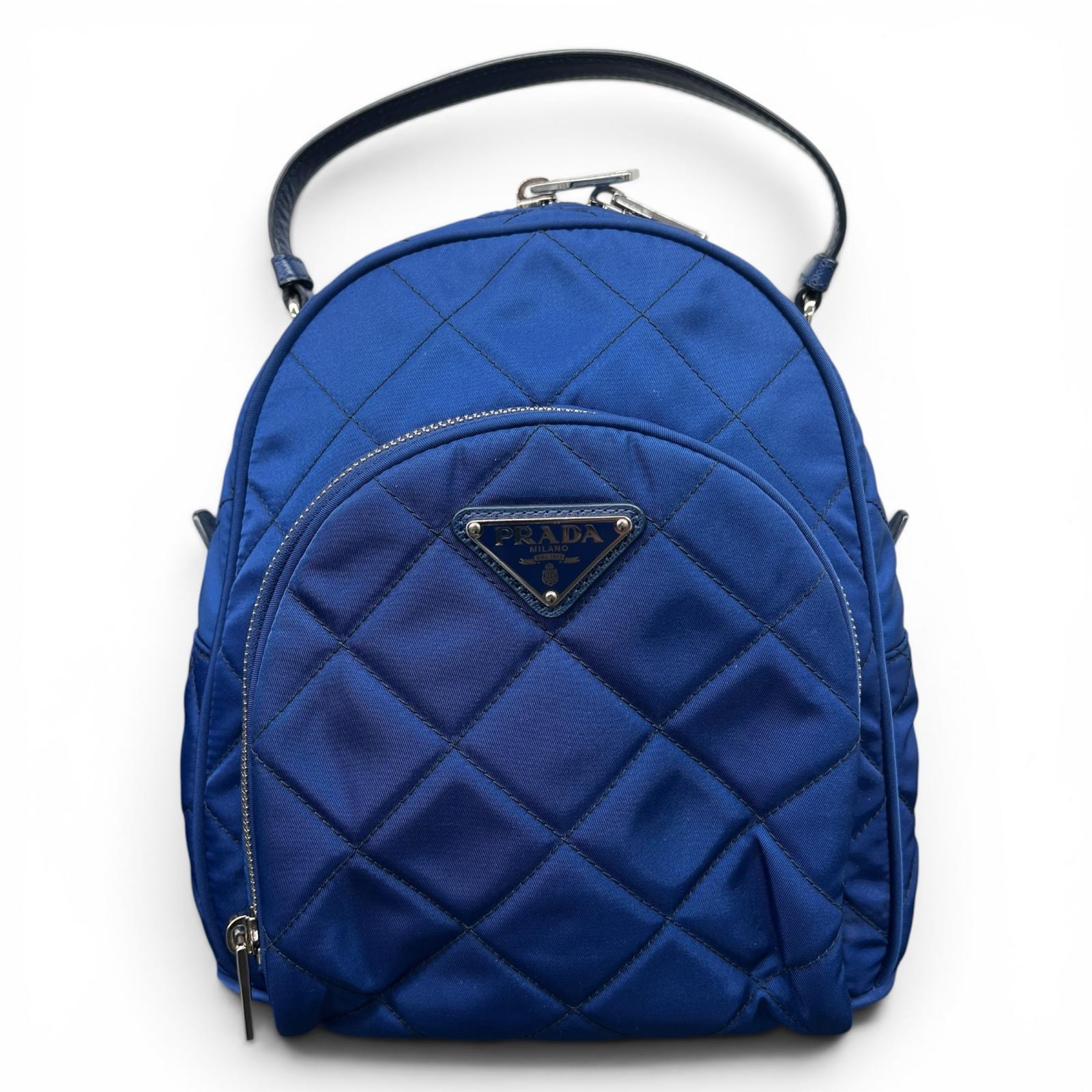 PRADA 希少カラー 極美品 プラダ TESSUTO IMPUNTU インプントゥ バックパック リュック 1BZ066 ICチップ確認済 ナイロン レザー ブルー トライアングルロゴ 三角プレート ロゴプレート Aランク 鑑定済 中古