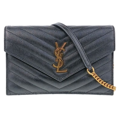 YVES SAINT LAURENT イヴ・サンローラン カサンドラ エンベロープ チェーンウォレット 長財布 742920 レザー キャビアスキン ブラック レディース【中古】