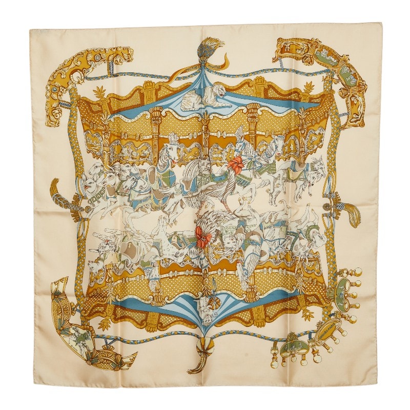 エルメス カレ90 TOURNEZ MANEGE メリーゴーランド スカーフ 大判 アイボリー マルチカラー シルク レディース HERMES 【中古】