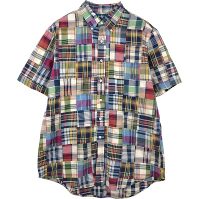 古着 ラルフローレン Ralph Lauren CUSTOM FIT パッチワーク 半袖 ボタンダウン チェックシャツ メンズL相当/eaa660945