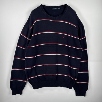 古着 ノーティカ NAUTICA 長袖 ニット セーター ワンポイント 刺繍 大きいサイズ コットン クルーネック 14041 ネイビー ボーダー メンズ