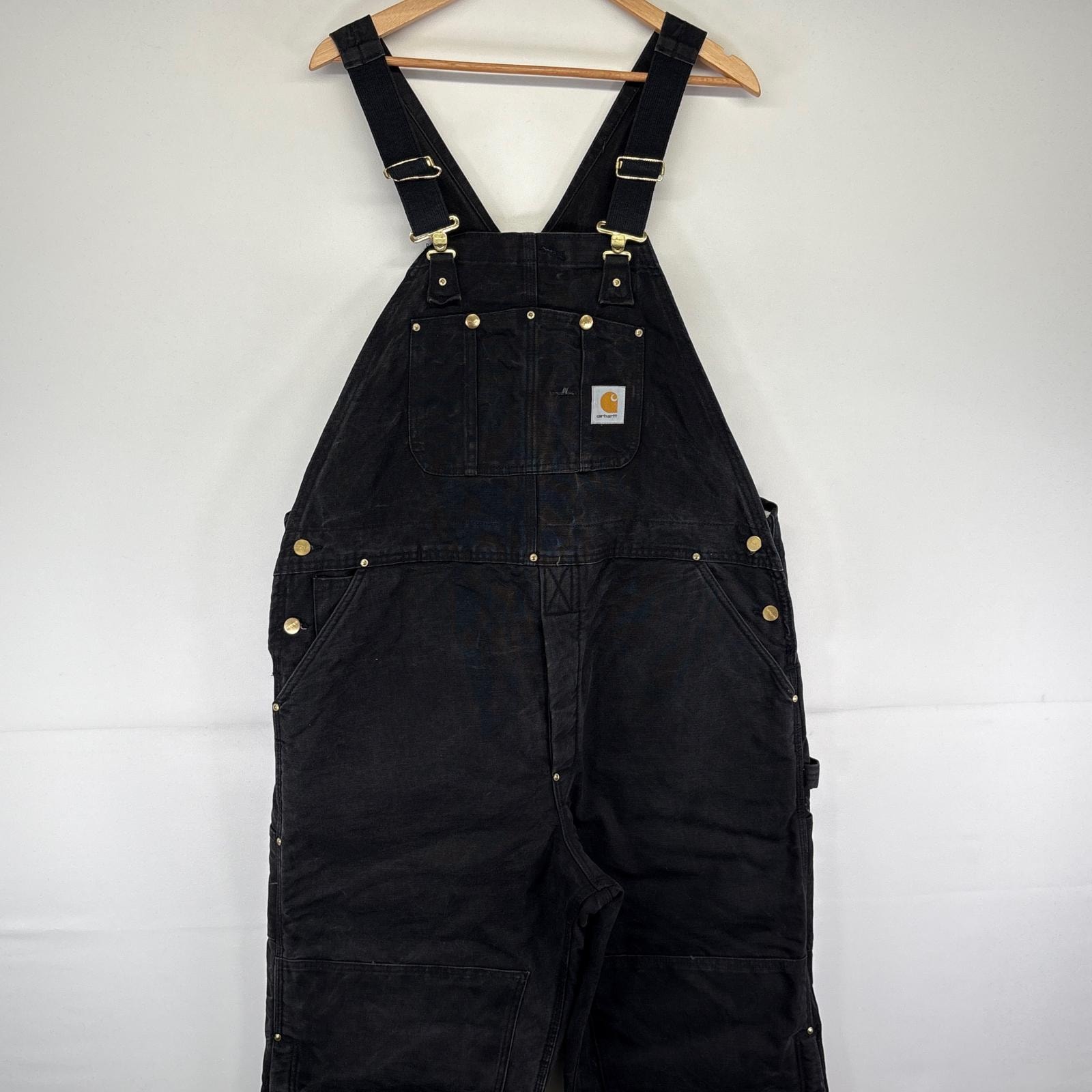 古着 カーハート Carhartt USA製 オーバーオール ダック ダブルニー ワーク ワンポイントロゴ 中綿 大きいサイズ w44 L30  ブラック メンズ