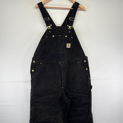 古着 カーハート Carhartt USA製 オーバーオール ダック ダブルニー ワーク ワンポイントロゴ 中綿 大きいサイズ w44 L30 ブラック メンズ