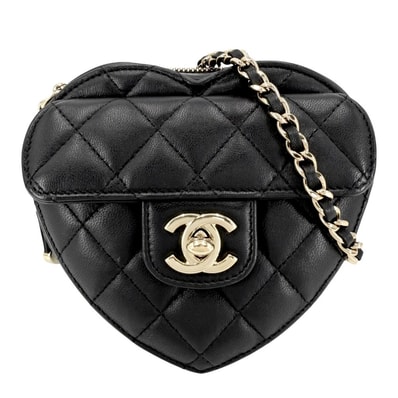 CHANEL シャネル ショルダーバッグ 斜め掛け ミニチェーンショルダーバッグ マトラッセ ポシェット コインケース ハートモチーフ ラムスキン ブラック 黒 ゴールド金具 レディース 美品【中古品】