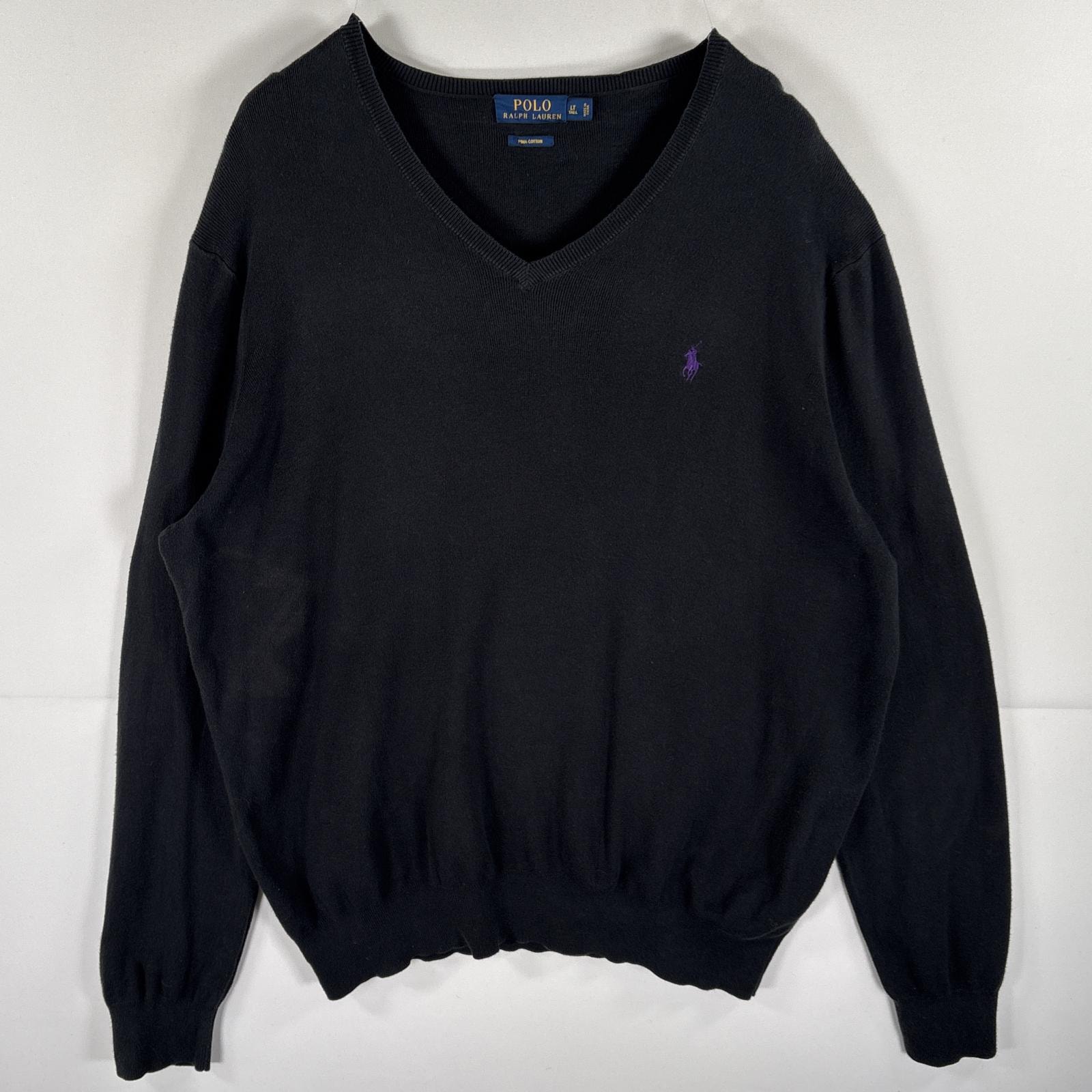 古着 ポロ・ラルフローレン POLO RALPH LAUREN コットンニットセーター Vネック ワンポイントロゴ刺繍 薄手 LT  ブラック メンズ