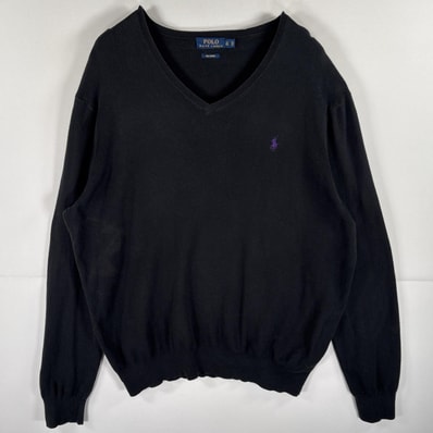 古着 ポロ・ラルフローレン POLO RALPH LAUREN コットンニットセーター Vネック ワンポイントロゴ刺繍 薄手 LT ブラック メンズ