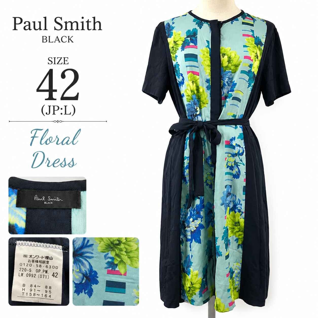 PAUL SMITH BLACK【ポールスミス】薄手/春夏/半袖ワンピース 【size:42/膝丈/ネイビー/花柄/navy】ウエスト調節紐/dress◆BJ010-e