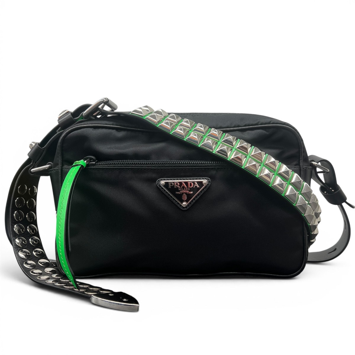 PRADA 希少 極美品 プラダ Re-Nylon サフィアーノレザー リナイロン スタッズ ショルダーバッグ 1BC167 ナイロン レザー ブラック グリーン トライアングルロゴ 三角プレート ロゴプレート クロスボディ ポシェット Aランク 鑑定済 中古