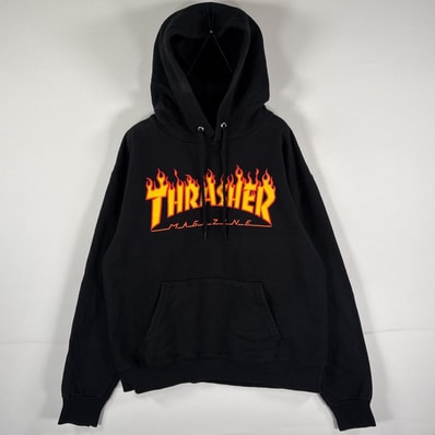 古着 スラッシャー THRASHER パーカー フーディー マフポケット ラバープリント ブランドロゴ ブラック メンズ