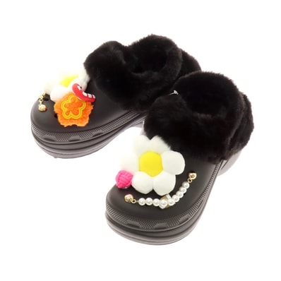 【中古】【未使用】クロックス crocs ファーボア サンダル ブラック【サイズ23】【レディース】