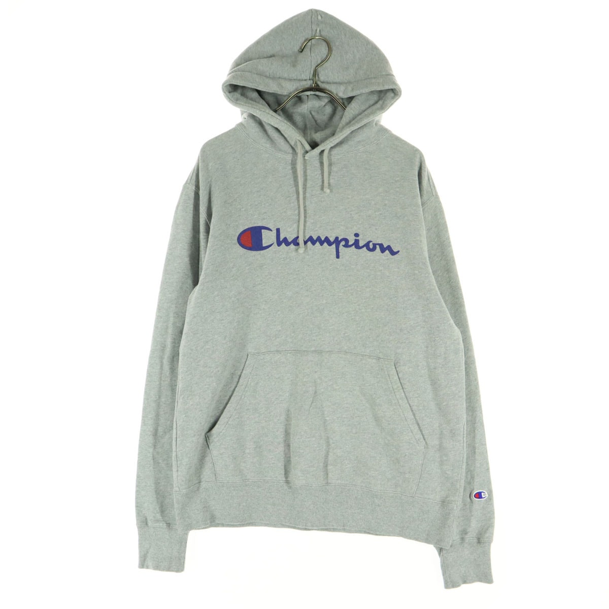 美品 Champion チャンピオン ロゴプリント 長袖 スウェットパーカー L グレー