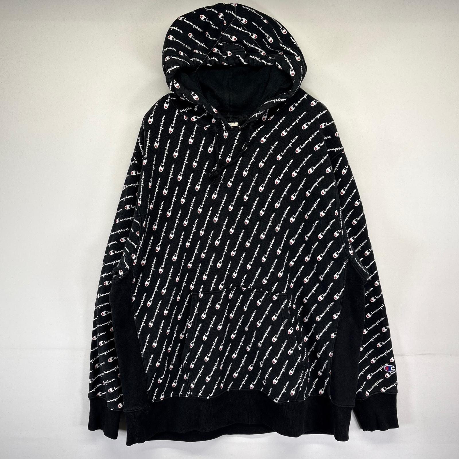 古着 チャンピオン Champion パーカー スウェット プルオーバー フーディ リバースウィーブ 総柄 大きいサイズ 2XL ブラック メンズ