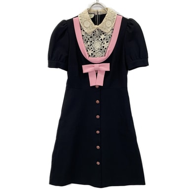 グッチ 467502 ブラック×ピンク エンブロイダリーレースカラーリボンデザイン半袖ワンピース S