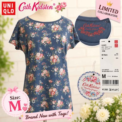 タグ付き新古品★限定品/UNIQLO +J × Cath Kidston/ユニクロ★コラボ/半袖トップス/Tシャツ【レディースM/紺/navy/花柄】Tops/Shirt◆BJ180-g