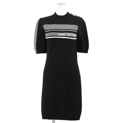 【美品】LOUIS VUITTON ルイ・ヴィトン ニットワンピース レディース サイズ S 2020SS インタルシア ロゴ ボーダー ショルダーアンカー ゴールドボタン カシミヤ100% ミドルゲージ 半袖 プルオーバー ドレス ブラック 黒 伊製