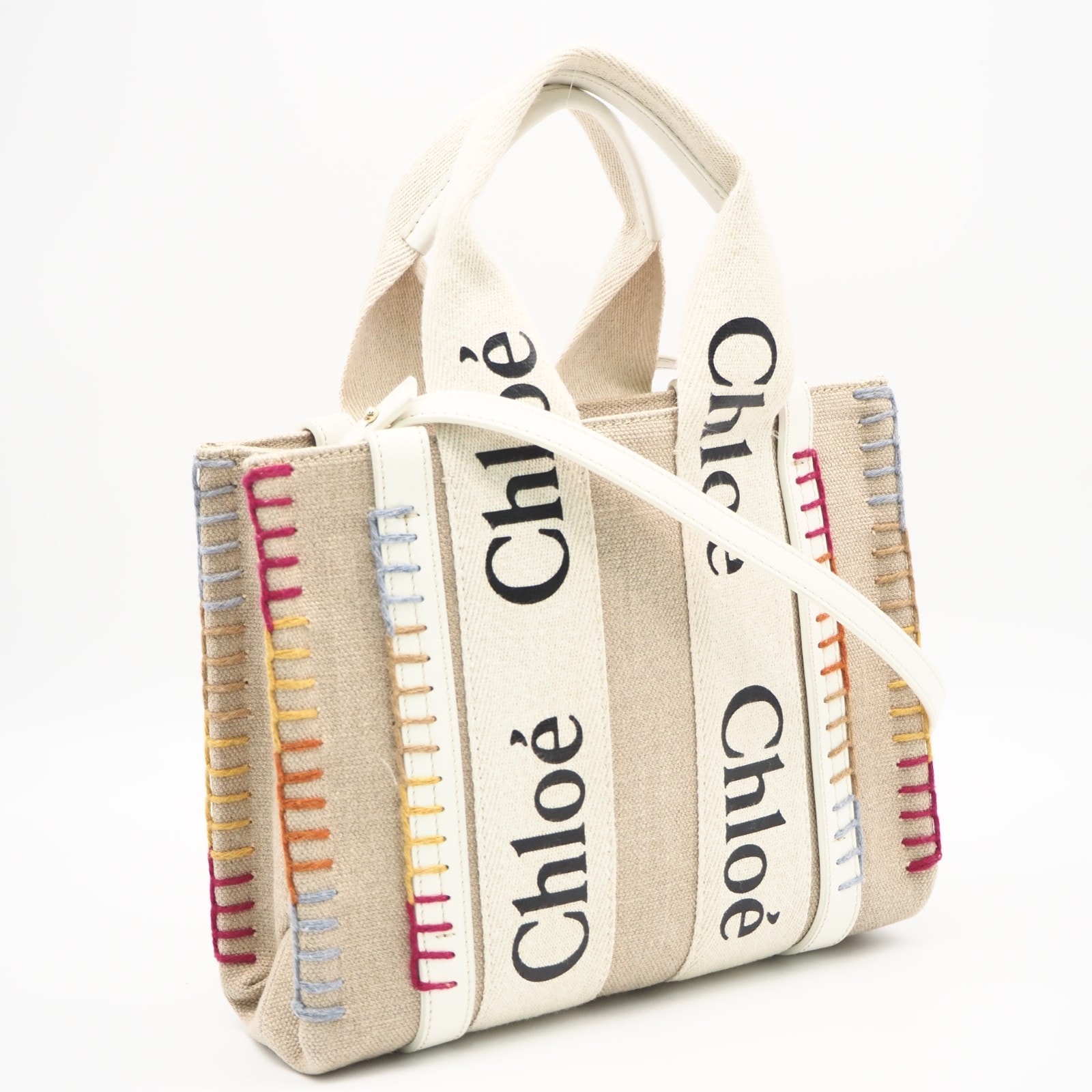 美品 Chloe クロエ リネンキャンバス ウッディ スモール トートバッグ CHC22AS397H74 2wayハンドバッグ ベージュ マルチカラー キャンバス レザー レディース