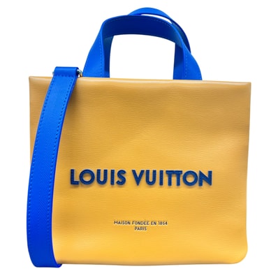 LOUIS VUITTON 未使用品 ルイヴィトン ショッパートート MINI ロゴ 2way ショルダーバッグ M15237 レザー RFID確認済 イエロー ブルー 25AW ヴィトン LV 美品 Sランク 中古 鑑定済 ヴィトンバッグ