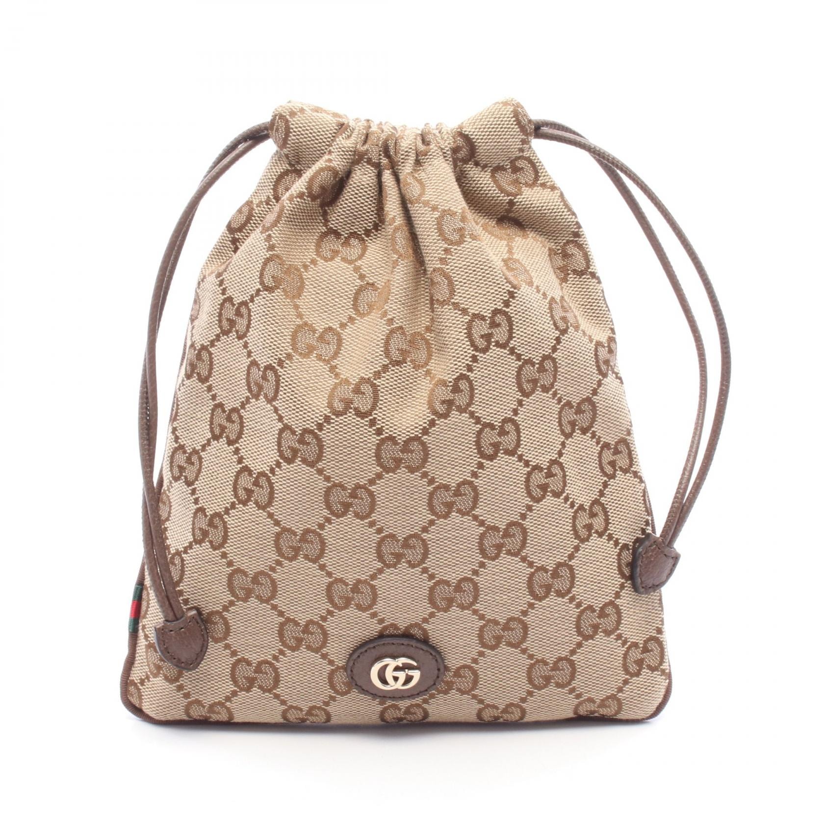 グッチ GUCCI ミヌエット GGキャンバス 巾着 ポーチ バッグ キャンバス レザー レディース ベージュ系 / ブラウン系 837666 【中古】