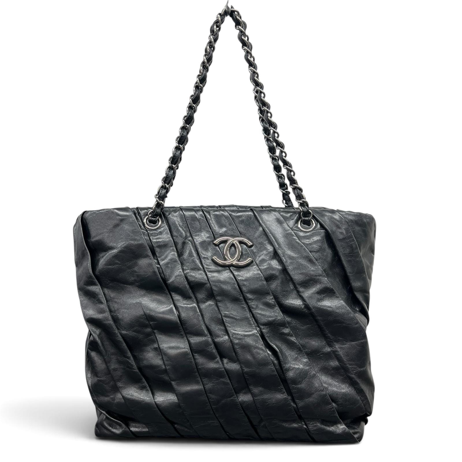 CHANEL 希少 極美品 シャネル ココマーク プリーツ チェーントート トートバッグ 13番台シリアル レザー 肩掛け ハンドバッグ シルバー金具 Aランク 鑑定済 中古 シャネルバッグ